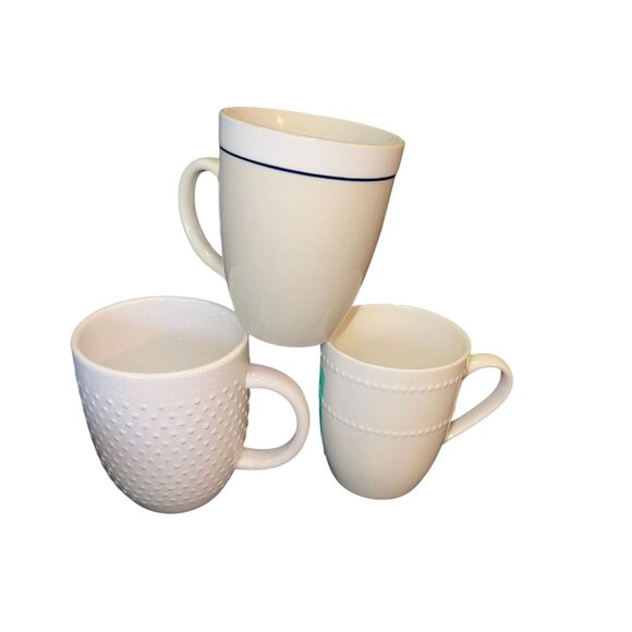 Set Of 3 Assorted White Ceramic Coffee Mugs With Textured & Smooth Designs - Picture 1 of 16